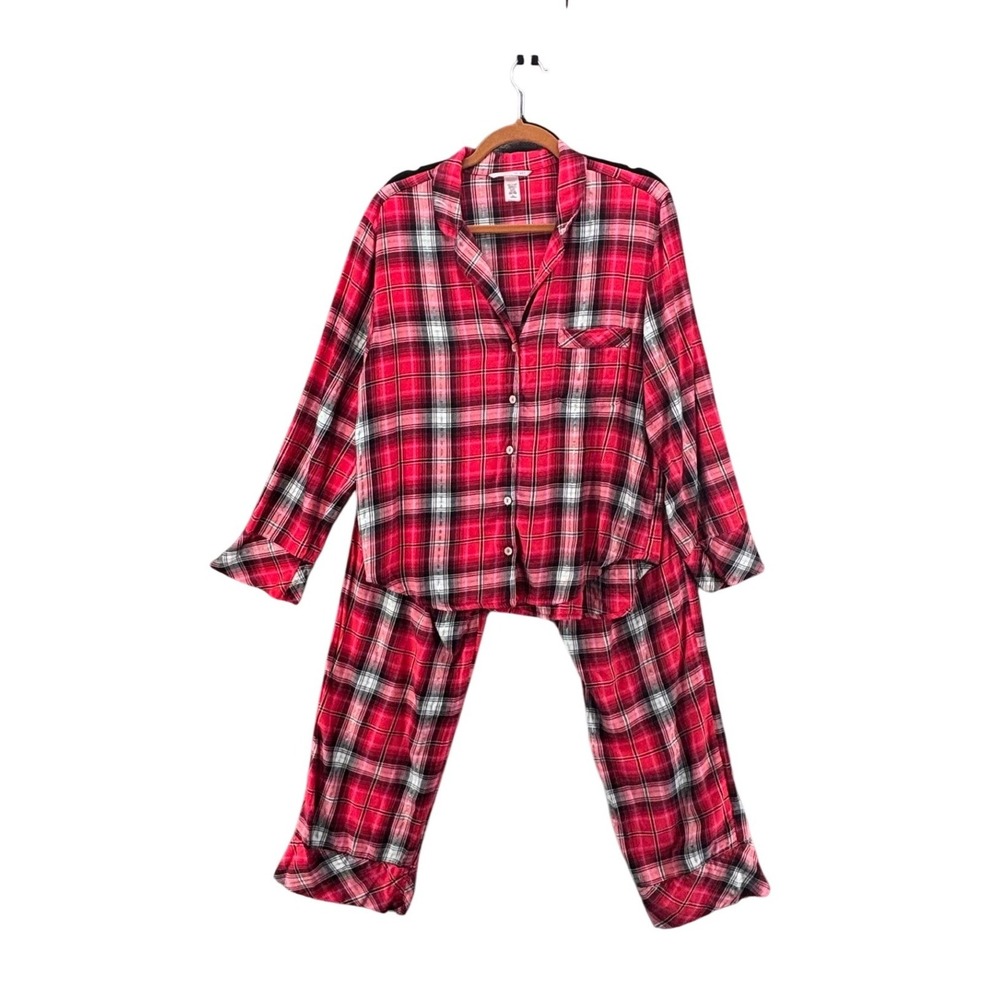 Victorias Secret Red Plaid Pajama Set Size M Button Front Cotton Blend Sleepwear
